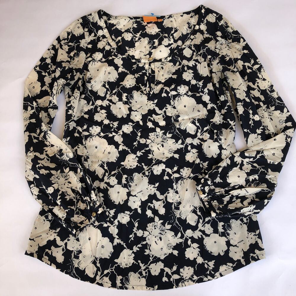 Tory Burch Silk Blouse Floral Navy Scoop Neck Top Women Size 12 Semi Sheer